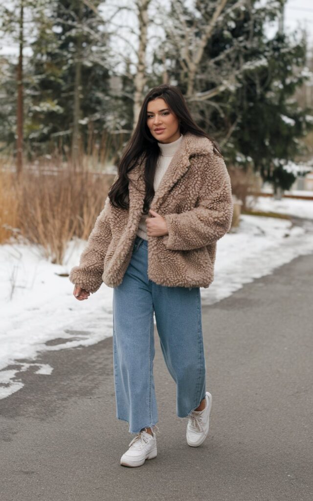 A natural-looking young woman wearing baggy jeans styled with a faux fur or teddy coat for instant polish. Theme baggy jeans outfit winter