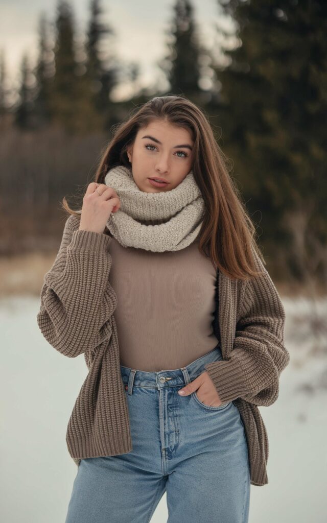 A natural-looking young woman wearing baggy jeans styled with a slim-fit thermal or fitted base layer. Theme baggy jeans outfit winter