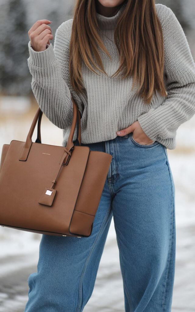 A natural-looking young woman wearing baggy jeans styled with a structured tote or polished shoulder bag. Theme baggy jeans outfit winter