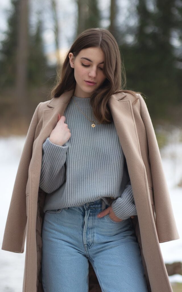 A natural-looking young woman wearing baggy jeans styled with a structured wool coat layered over a simple knit sweater. Theme baggy jeans outfit winter