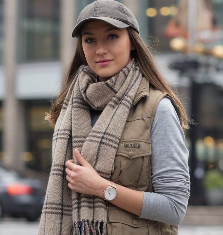 A natural-looking young woman wearing basic separates accessorized with a baseball cap and a classic watch. Theme tomboy outfits