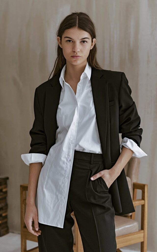 A natural-looking young woman wearing black-and-white basics styled in a clean, sharp silhouette. Theme tomboy outfits