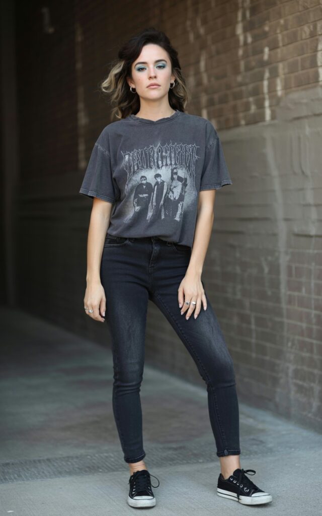 A natural-looking young woman wearing black denim paired with a faded emo band tee. Theme emo outfits