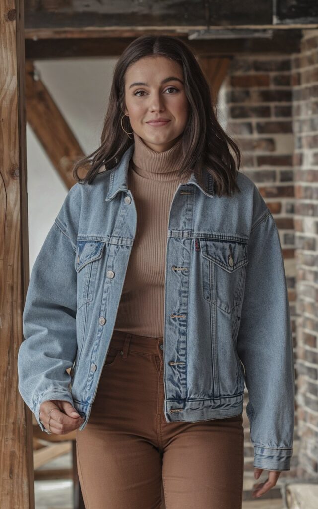 A natural-looking young woman wearing brown pants layered with a denim jacket for relaxed, weekend-ready vibes. Theme brown pants outfit for women