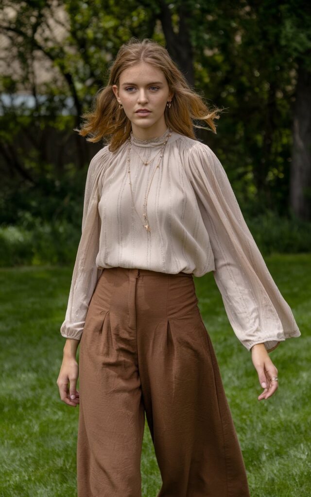 A natural-looking young woman wearing brown pants paired with a flowy blouse and delicate jewelry for a soft, graceful outfit. Theme brown pants outfit for women