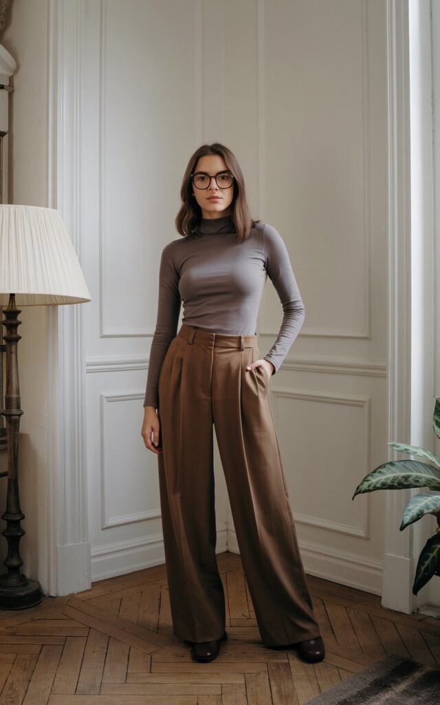 A natural-looking young woman wearing brown pants styled with a fitted turtleneck for a sleek, seasonless look. Theme brown pants outfit for women