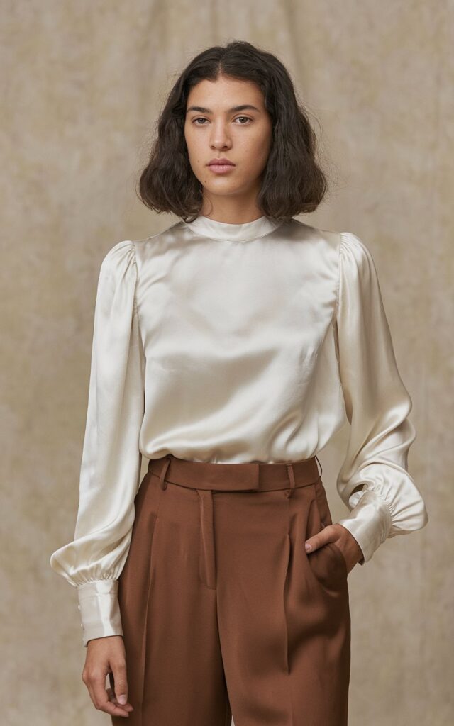 A natural-looking young woman wearing brown trousers paired with a silk or satin blouse for an elegant, sophisticated look. Theme brown pants outfit for women