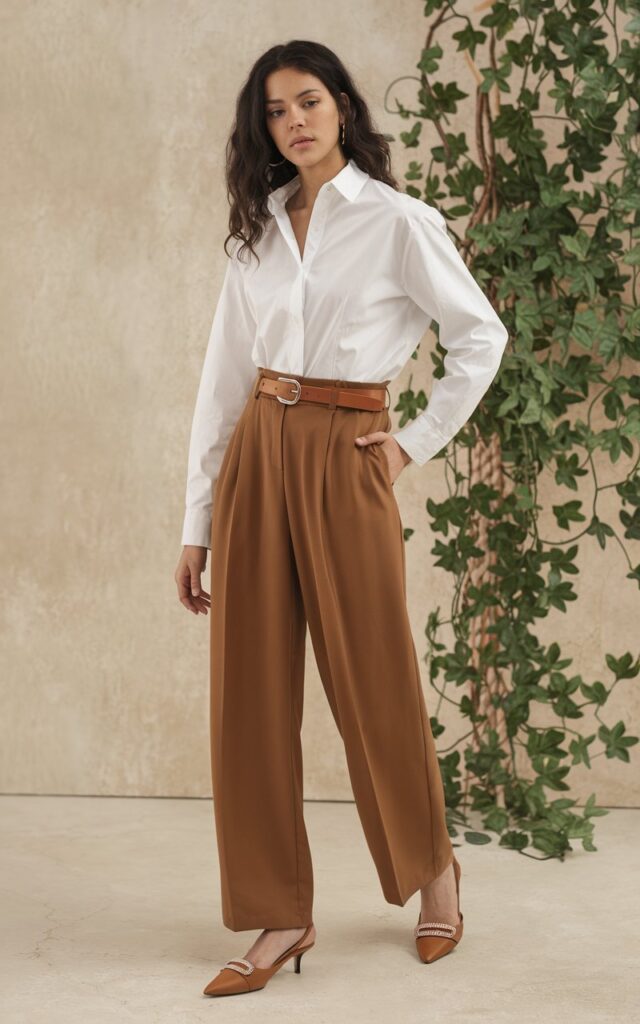 A natural-looking young woman wearing brown trousers styled with pointed-toe flats or heels for instant elegance. Theme brown pants outfit for women