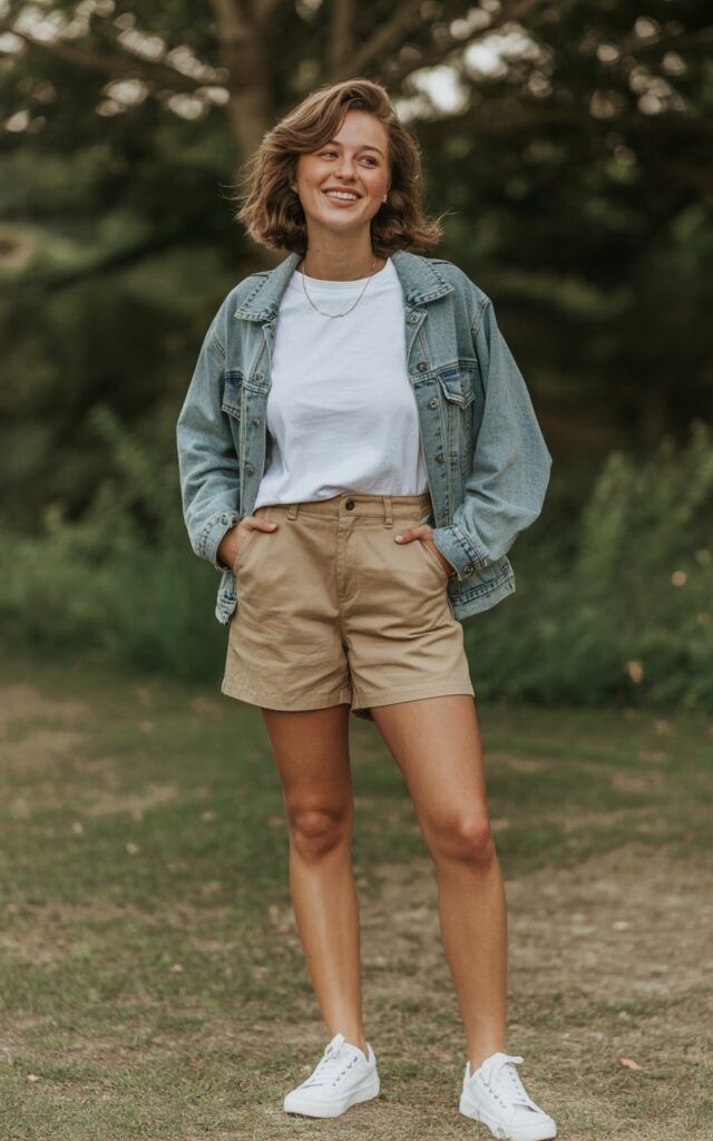 A natural-looking young woman wearing chino shorts layered with a denim jacket. Theme shorts outfits