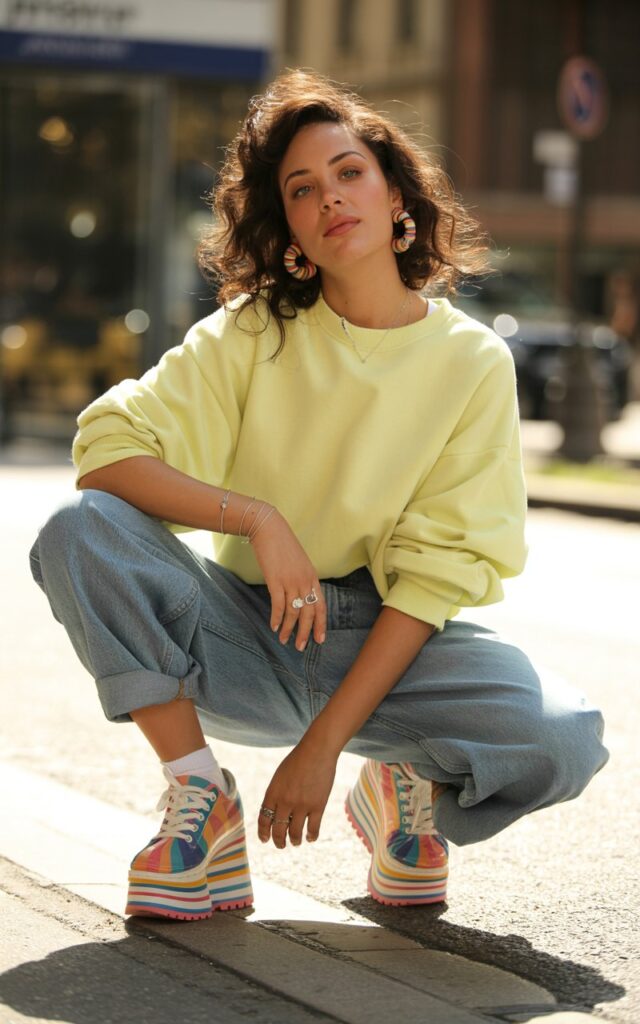 A natural-looking young woman wearing colorful platform sneakers with a casual outfit. Theme quirky fashion