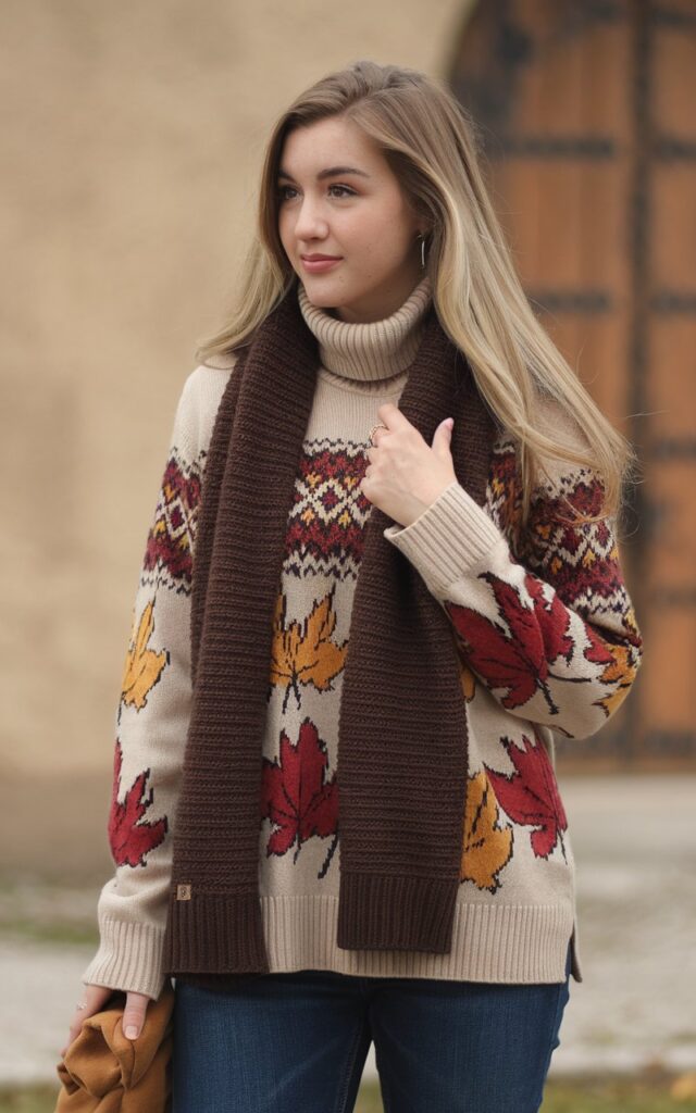 A natural-looking young woman wearing cozy accessories like a warm scarf and soft flats with a casual outfit. Theme thanksgiving outfit