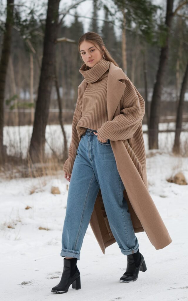 A natural-looking young woman wearing everyday denim elevated with a polished turtleneck and heeled boots. Theme winter fashion outfits