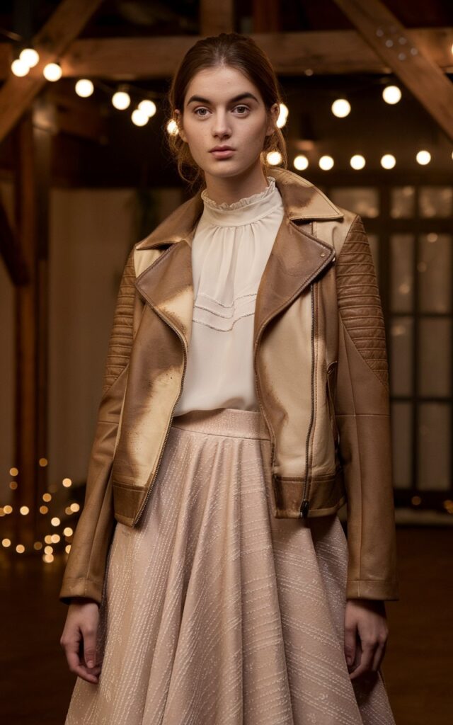 A natural-looking young woman wearing faux leather pieces mixed with soft, flowing textures. Theme holiday party outfit