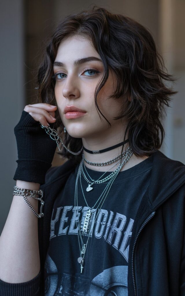 A natural-looking young woman wearing fingerless gloves styled with layered necklaces. Theme emo outfits