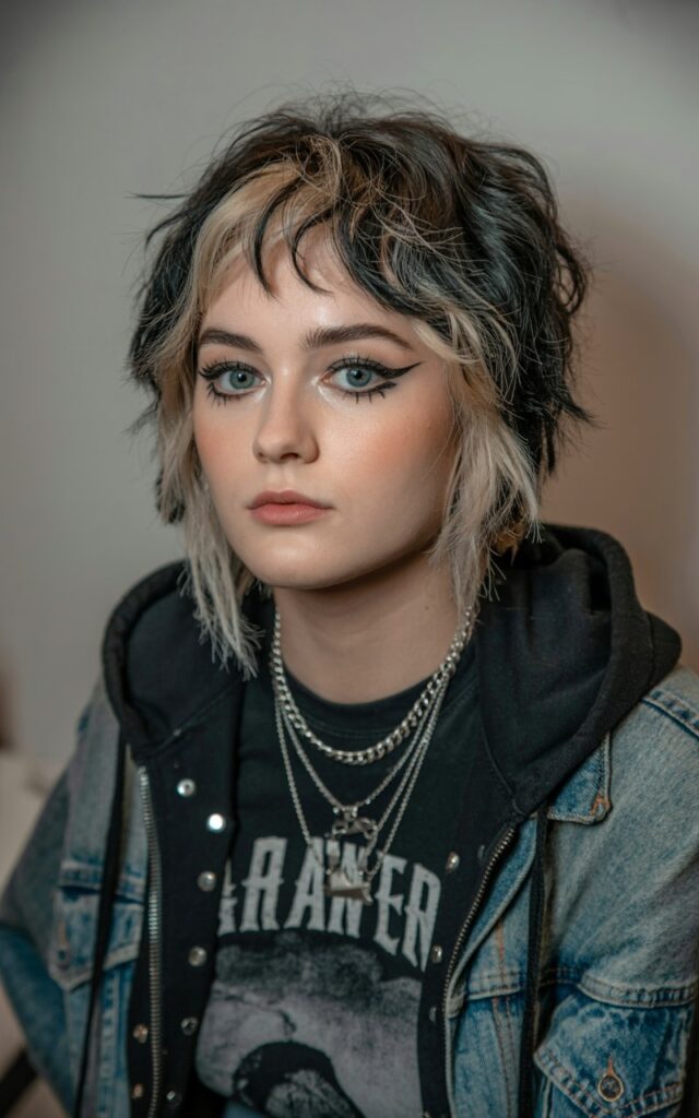 A natural-looking young woman wearing heavy eyeliner with intentionally messy hair. Theme emo outfits
