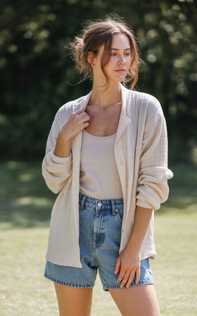 A natural-looking young woman wearing high-rise shorts with a lightweight cardigan. Theme shorts outfits