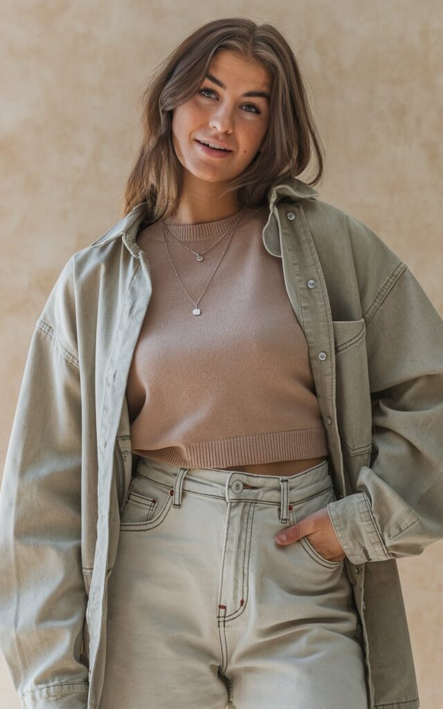 A natural-looking young woman wearing high-rise trousers paired with a soft knit top. Theme fashion inspo outfits