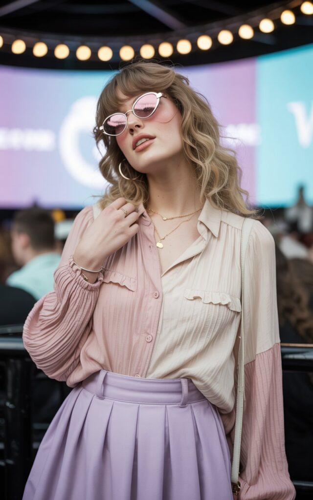 A natural-looking young woman wearing layered pastel pieces styled for a soft-girl Lover aesthetic. Theme eras tour outfits
