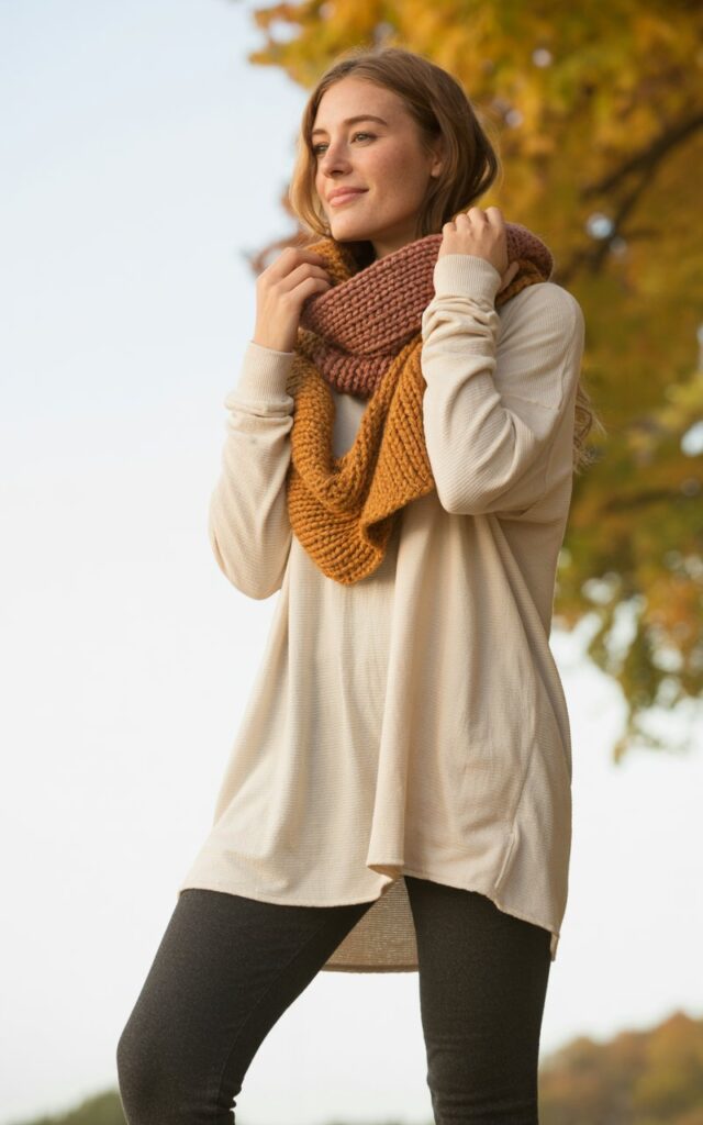 A natural-looking young woman wearing leggings with a tunic sweater and chunky scarf. Theme casual fall outfits