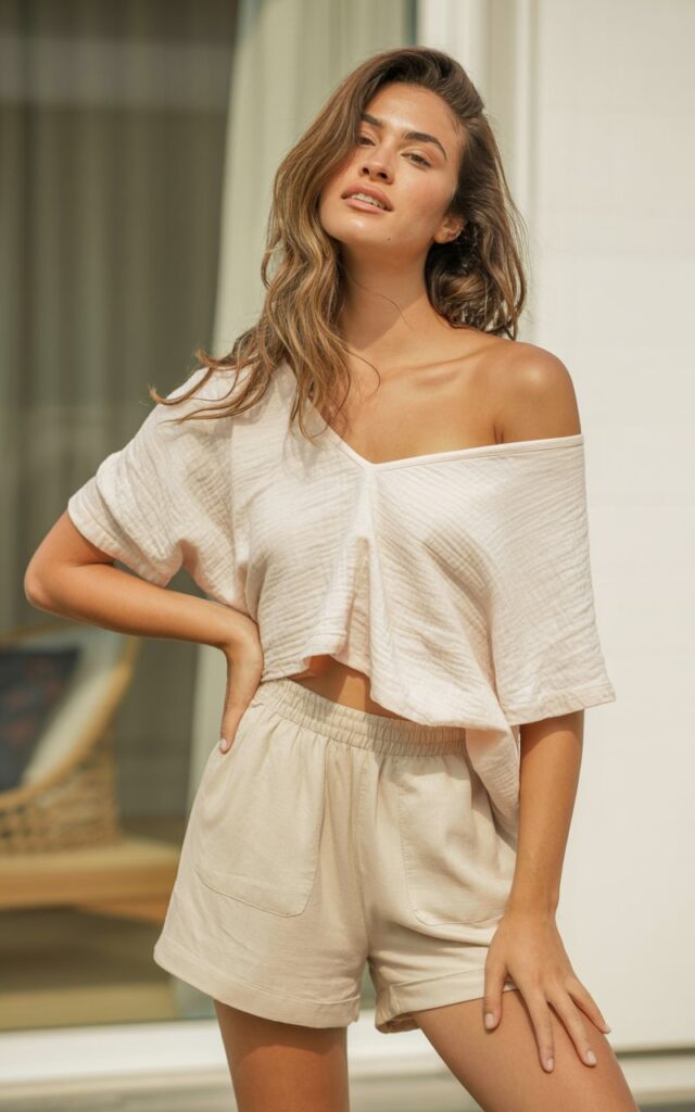 A natural-looking young woman wearing linen shorts with an off-shoulder top. Theme shorts outfits
