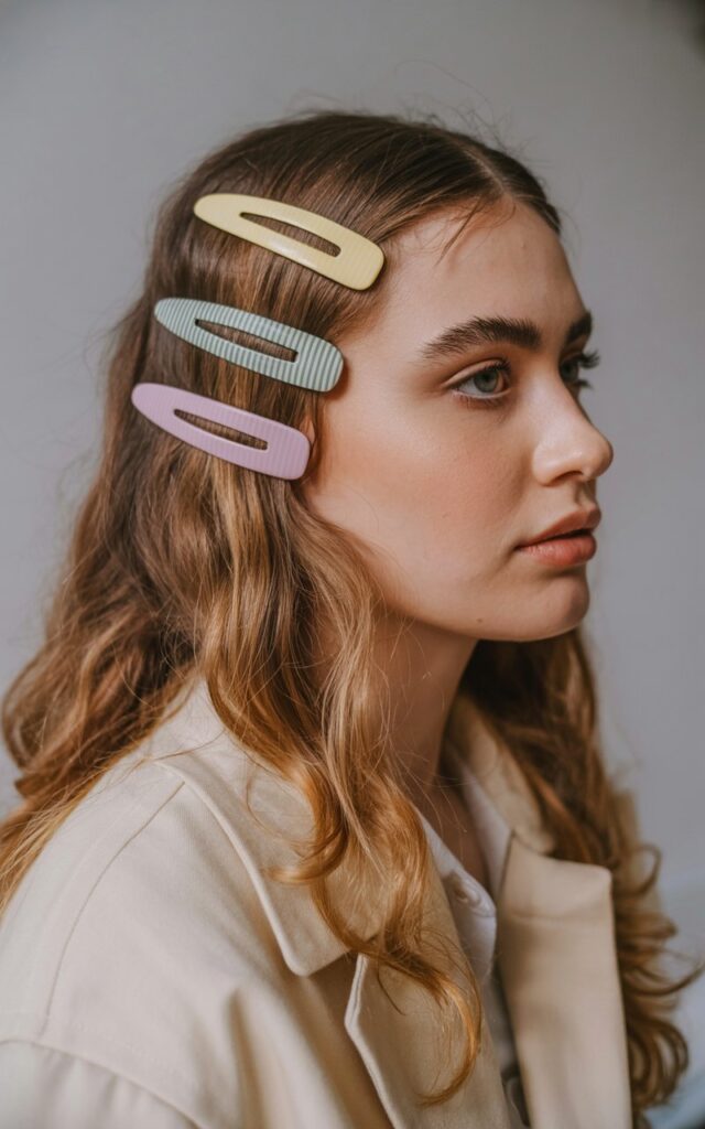 A natural-looking young woman wearing oversized hair clips styled in her hair. Theme quirky fashion