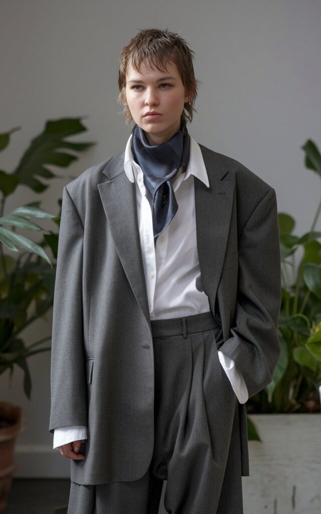 A natural-looking young woman wearing oversized silhouettes with clean lines and structured fabrics. Theme tomboy outfits
