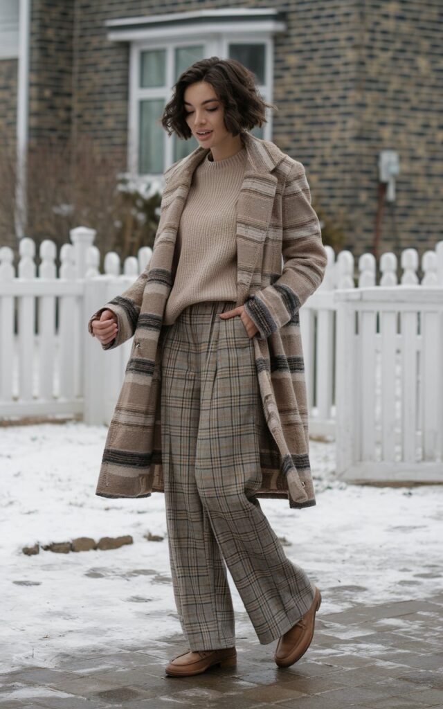A natural-looking young woman wearing plaid trousers paired with a solid sweater and loafers. Theme winter fashion outfits