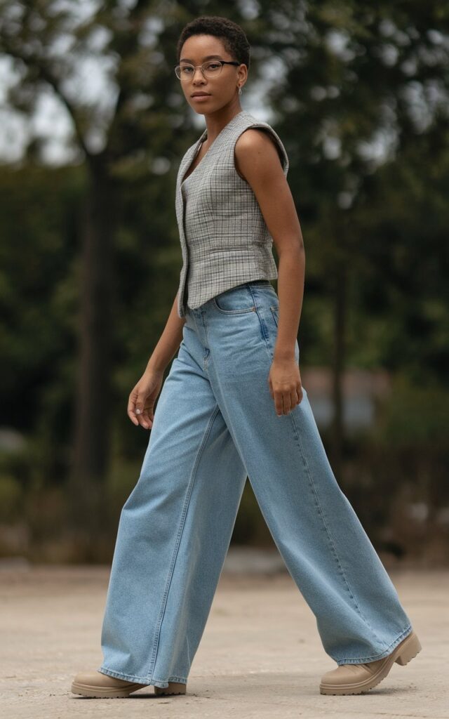 A natural-looking young woman wearing plain jeans elevated with a structured vest and simple footwear. Theme tomboy outfits
