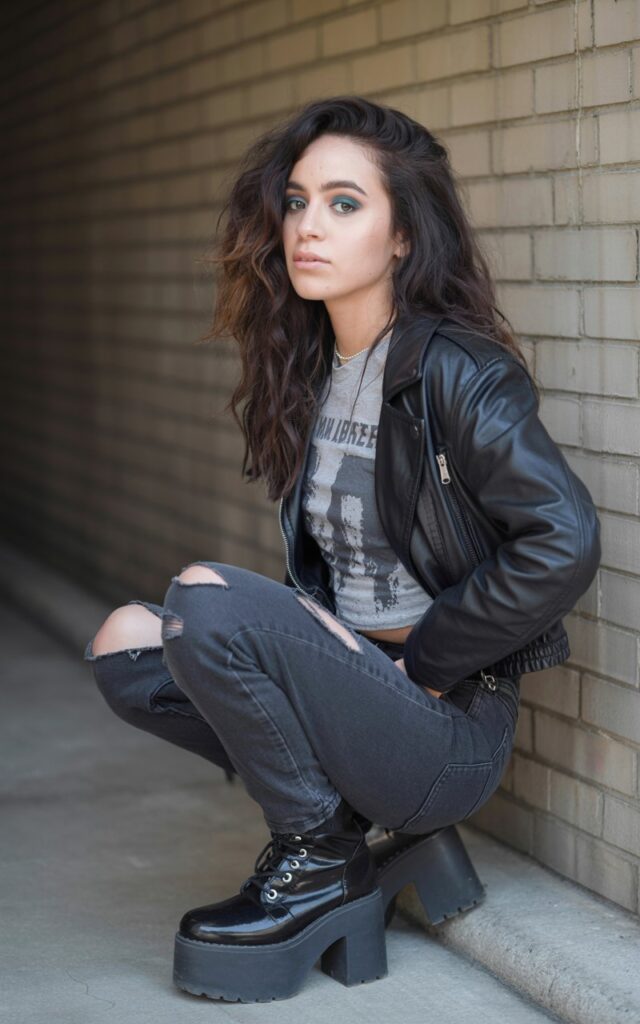 A natural-looking young woman wearing platform boots that add height and attitude. Theme emo outfits