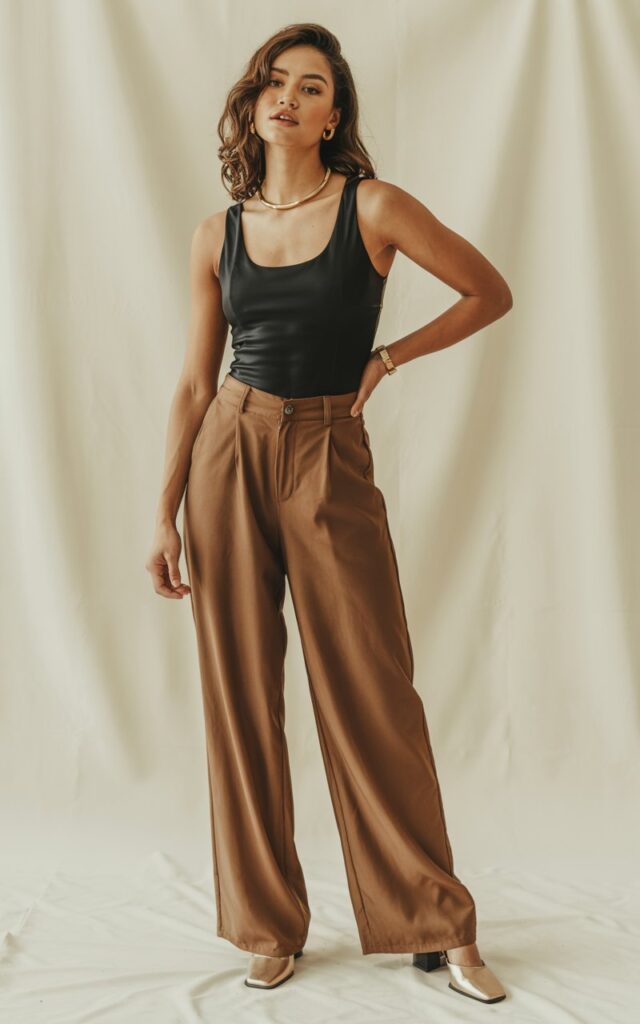 A natural-looking young woman wearing relaxed brown pants styled with a fitted black bodysuit for clean contrast. Theme brown pants outfit for women