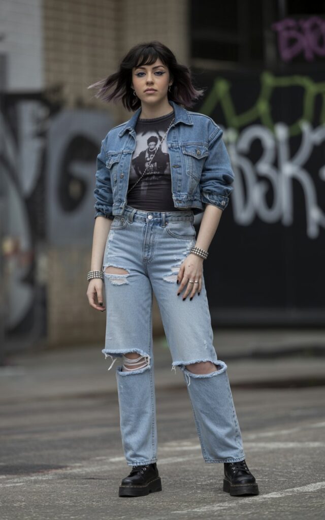 A natural-looking young woman wearing ripped straight-leg denim instead of skinny jeans. Theme emo outfits