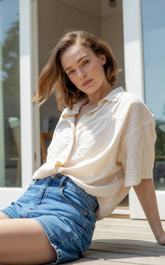 A natural-looking young woman wearing shorts with a sheer button-up blouse. Theme shorts outfits