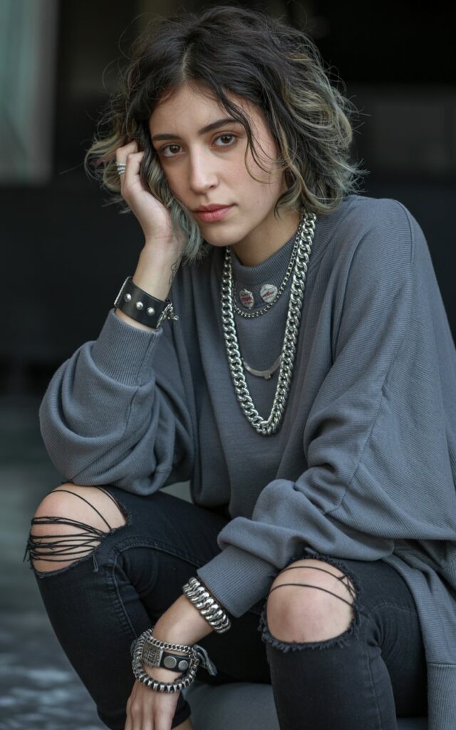 A natural-looking young woman wearing soft fabrics contrasted with edgy hardware details. Theme emo outfits