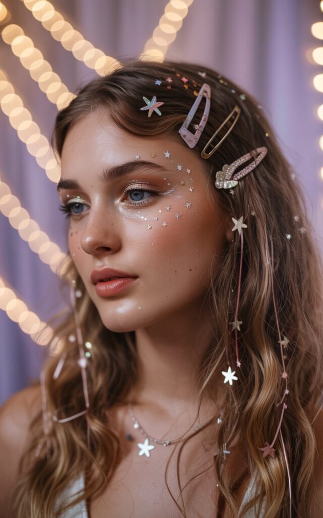 A natural-looking young woman wearing starry makeup paired with playful hair accessories. Theme eras tour outfits