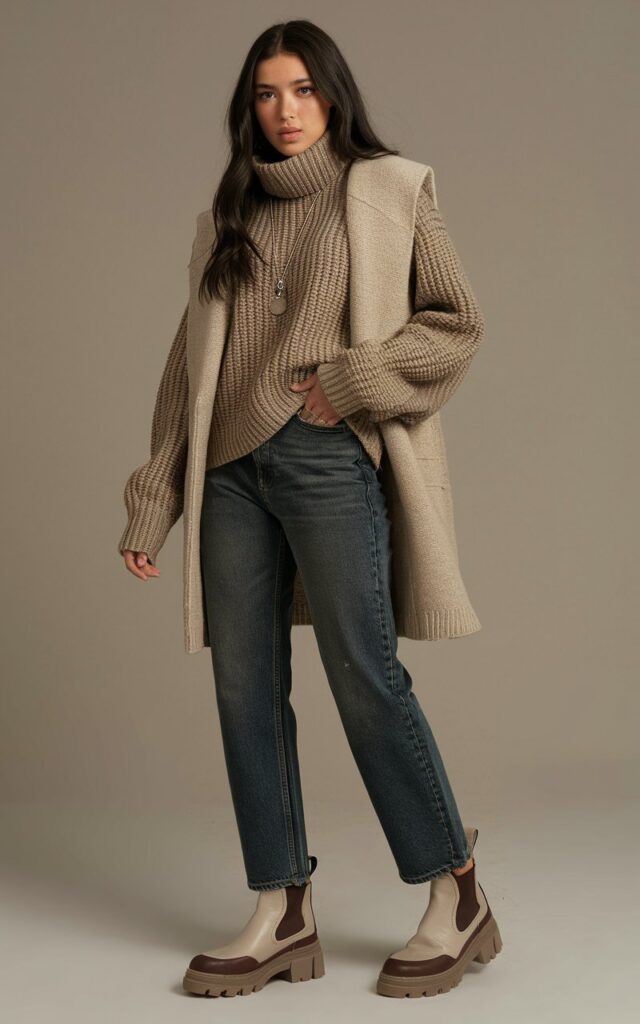 A natural-looking young woman wearing straight-leg jeans paired with a chunky turtleneck sweater and ankle boots. Theme winter fashion outfits