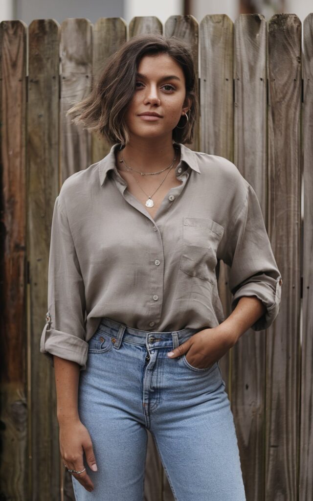 A natural-looking young woman wearing straight-leg jeans paired with a relaxed button-down shirt and rolled sleeves. Theme tomboy outfits