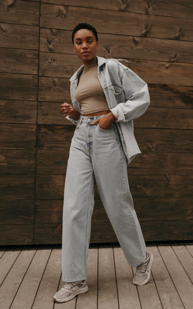 A natural-looking young woman wearing straight or relaxed-fit denim styled with a basic top and sneakers. Theme tomboy outfits