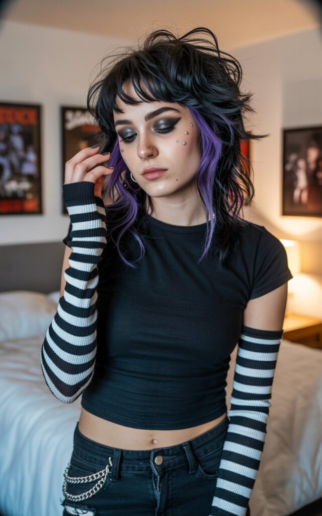 A natural-looking young woman wearing striped arm warmers or leg warmers styled into her outfit. Theme emo outfits