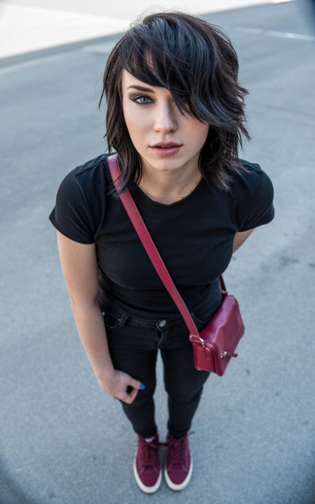 A natural-looking young woman wearing subtle red accents in her shoes or handbag. Theme emo outfits