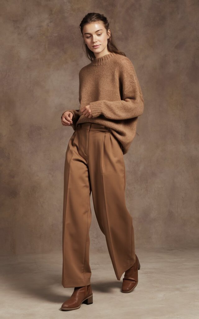 A natural-looking young woman wearing tailored brown trousers styled with a soft knit sweater in warm neutral tones. Theme brown pants outfit for women