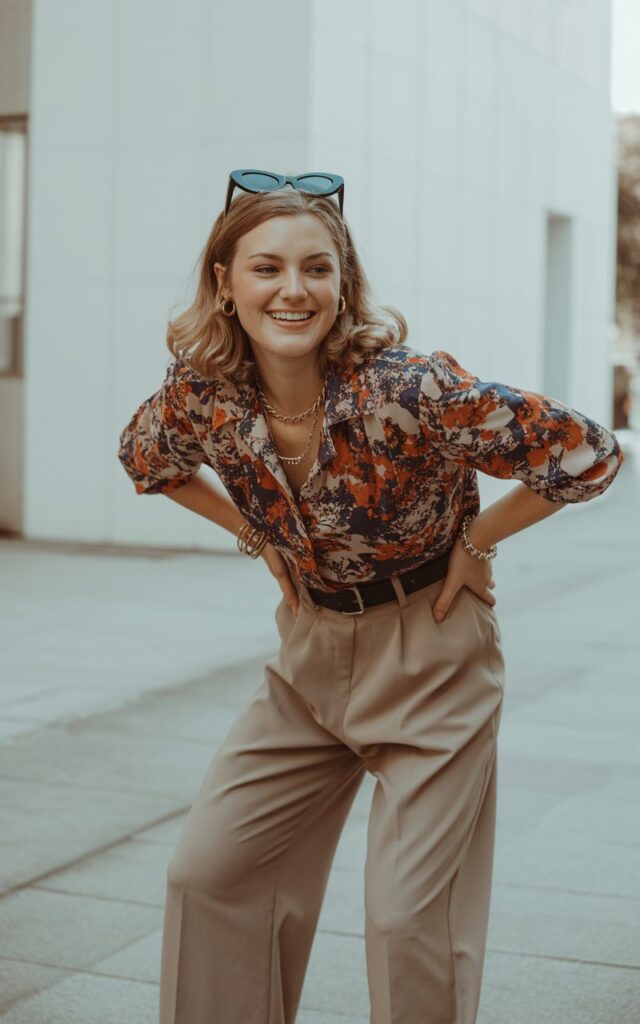 A natural-looking young woman wearing vintage prints paired with modern silhouettes. Theme quirky fashion