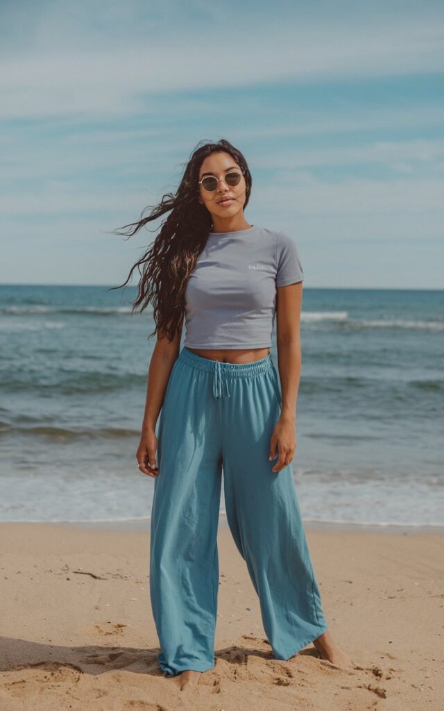 A natural-looking young woman wearing wide-leg beach pants with a cropped tee. Theme beach outfits