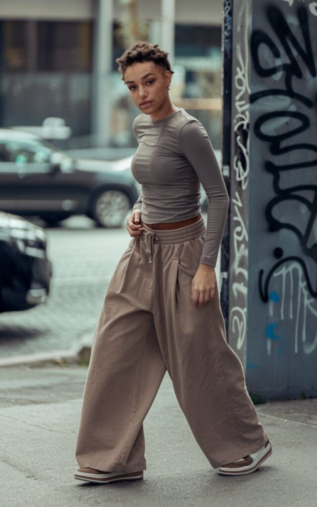 "A natural-looking young woman wearing wide-leg pants balanced with a fitted long-sleeve top and sneakers. Theme: tomboy outfits"