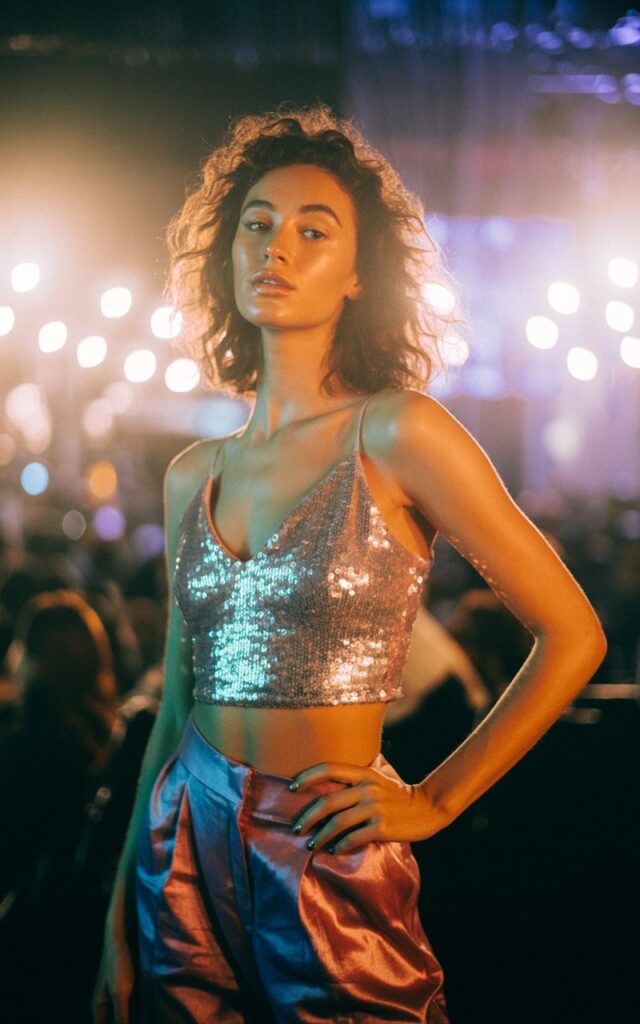 A natural-looking young woman wearing wide-leg pants paired with a glittery top. Theme eras tour outfits