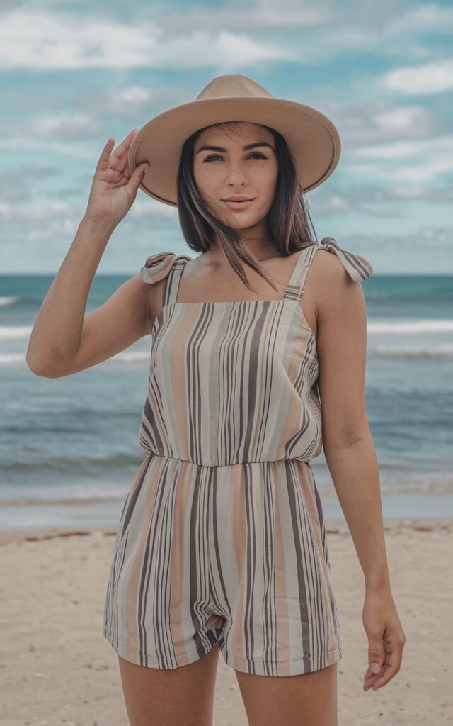 A photo of a natural-looking young woman wearing a breezy jumpsuit with adjustable straps. She has dark brown hair and is wearing a beige hat. The jumpsuit has a striped pattern in beige, brown, and white, with adjustable straps at the shoulders. The woman is standing on a sandy beach with the ocean behind her. The sky is clear with a few clouds.