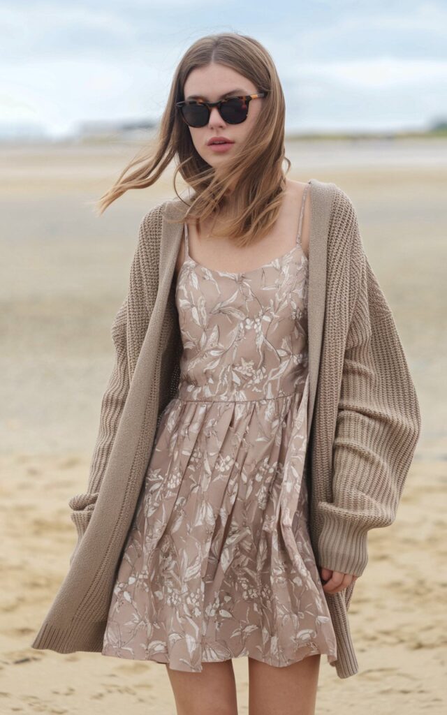 A photo of a natural-looking young woman wearing a neutral-toned beach outfit. She has light brown hair and is wearing sunglasses. The outfit consists of a beige dress with a floral pattern, a beige cardigan, and beige sandals. The background is a beach with soft, golden sand and a clear sky.