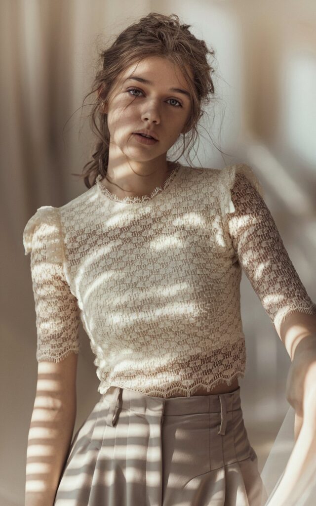 A portrait photograph of a natural-looking young woman wearing an elegantly textured lace top in soft cream or ivory tones. She has effortless, tousled hair and minimal makeup that enhances her natural features, with the intricate floral lace pattern creating delicate shadows across her collarbones and shoulders. Her monochrome outfit is completed with tailored high-waisted trousers or a flowing skirt in matching neutral tones, creating a sophisticated and timeless aesthetic. The background is softly blurred with warm, diffused natural lighting that highlights the intricate lacework details and creates a dreamy, romantic atmosphere.