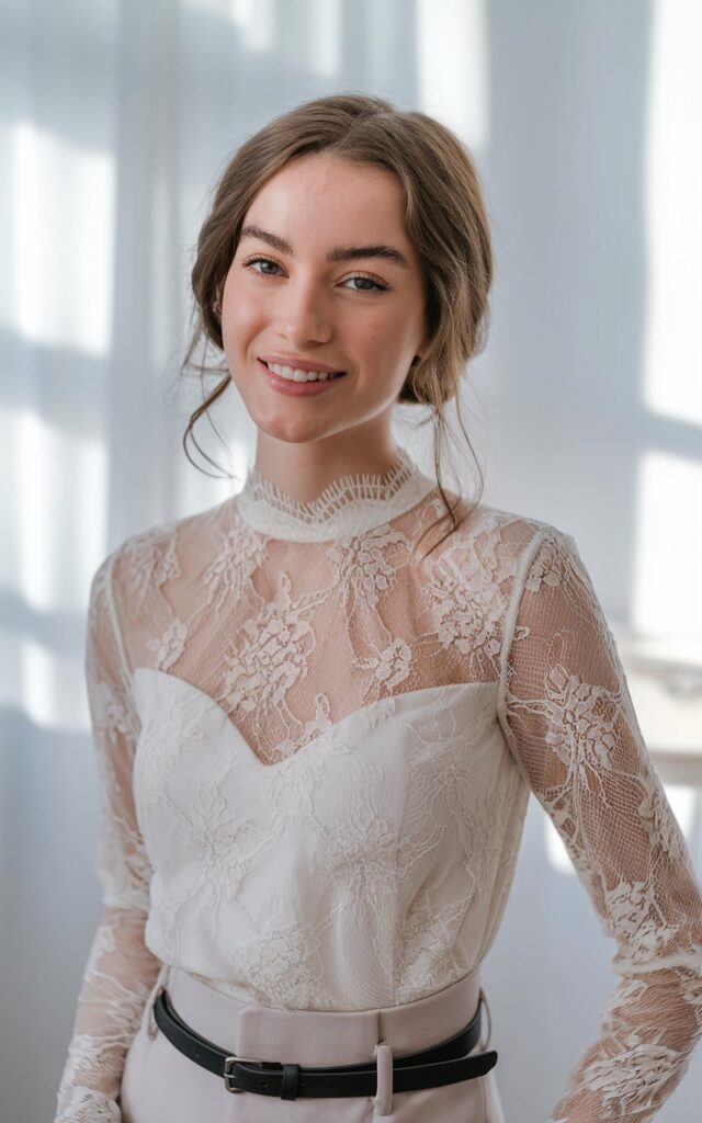 A portrait photograph of a young woman with natural beauty wearing an elegant ivory lace top adorned with intricate floral patterns and delicate scalloped edges. She pairs the feminine blouse with a sleek black leather belt that cinches her waist, creating a refined silhouette, and classic pointed-toe ballet flats in nude leather. Her chestnut hair cascades in soft, natural waves around her shoulders, framing her face which displays minimal makeup and a warm, genuine smile with sparkling eyes. The setting is a bright, airy interior space with soft natural lighting streaming through a nearby window, creating gentle shadows that beautifully highlight the intricate lacework texture and cast a luminous glow across her serene expression.