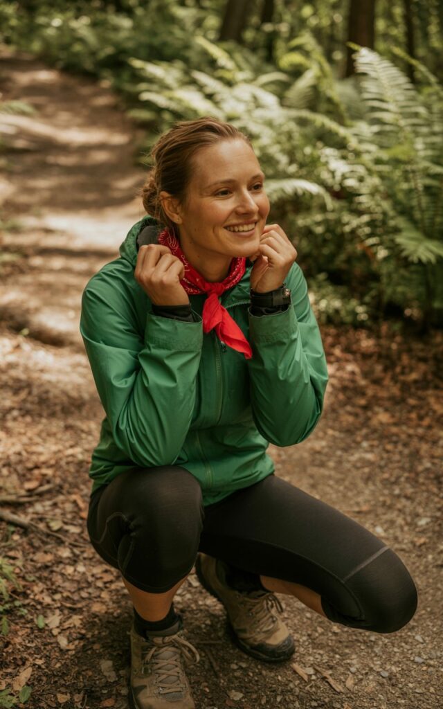 Full-body image of a white-skinned female wearing a green hiking jacket, black leggings, trail shoes, and a bright red bandana around her neck. Standing on a sunlit forest trail, tying the scarf, smiling softly. Light filters through tree canopy, warm shadows. Realistic skin texture, natural posing, editorial candid photography style.