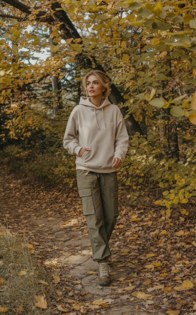 Full-body image of a white-skinned model wearing a beige hoodie, olive cargo joggers, and sturdy boots. Walking along a dirt trail, one hand in pocket, casual expression. Autumn forest surroundings with golden leaves. Natural sunlight hitting her face and body. Candid editorial style, realistic posing, 50mm lens.
